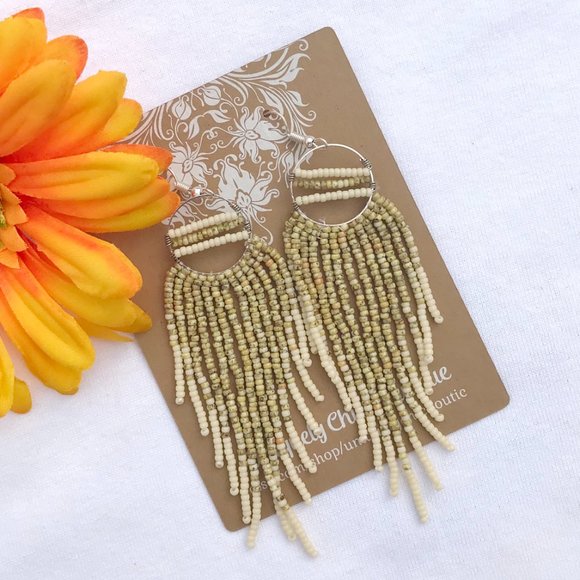 Fringe Earrings Boho Dusters Southwest Western Dangles Hand Beaded Silver Hoops - Picture 5 of 6